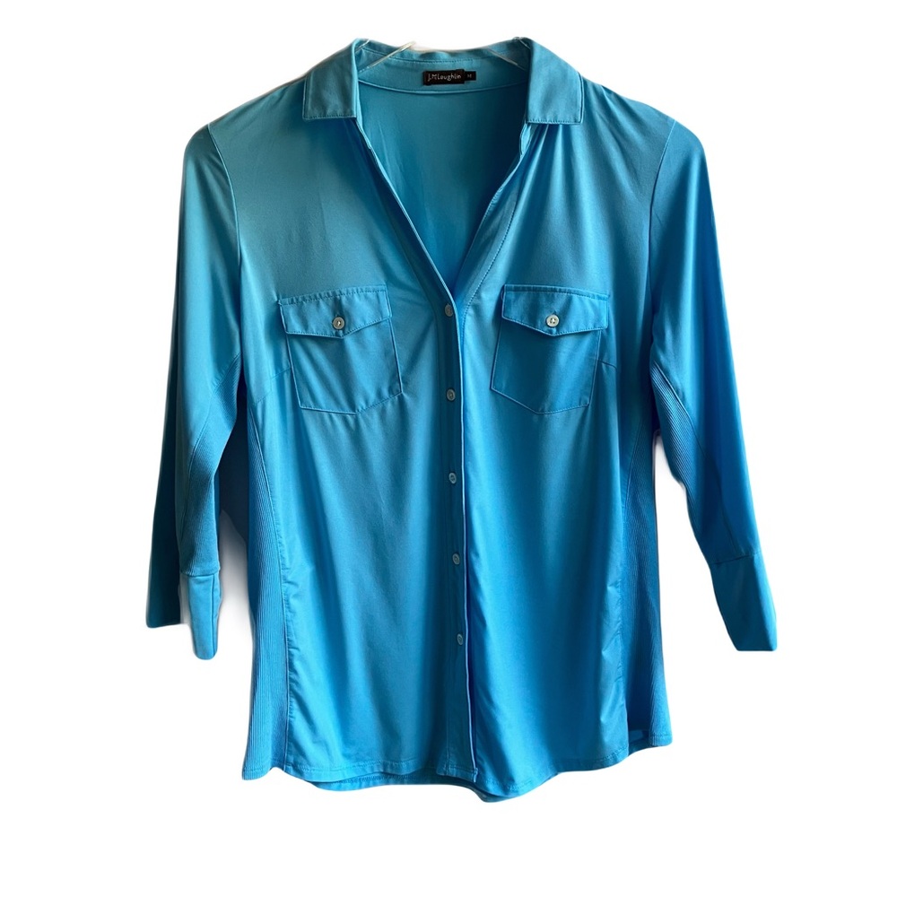J. McLaughlin Turquoise Brynn Lyford Jersey Top Size M Button Down Camp Shirt